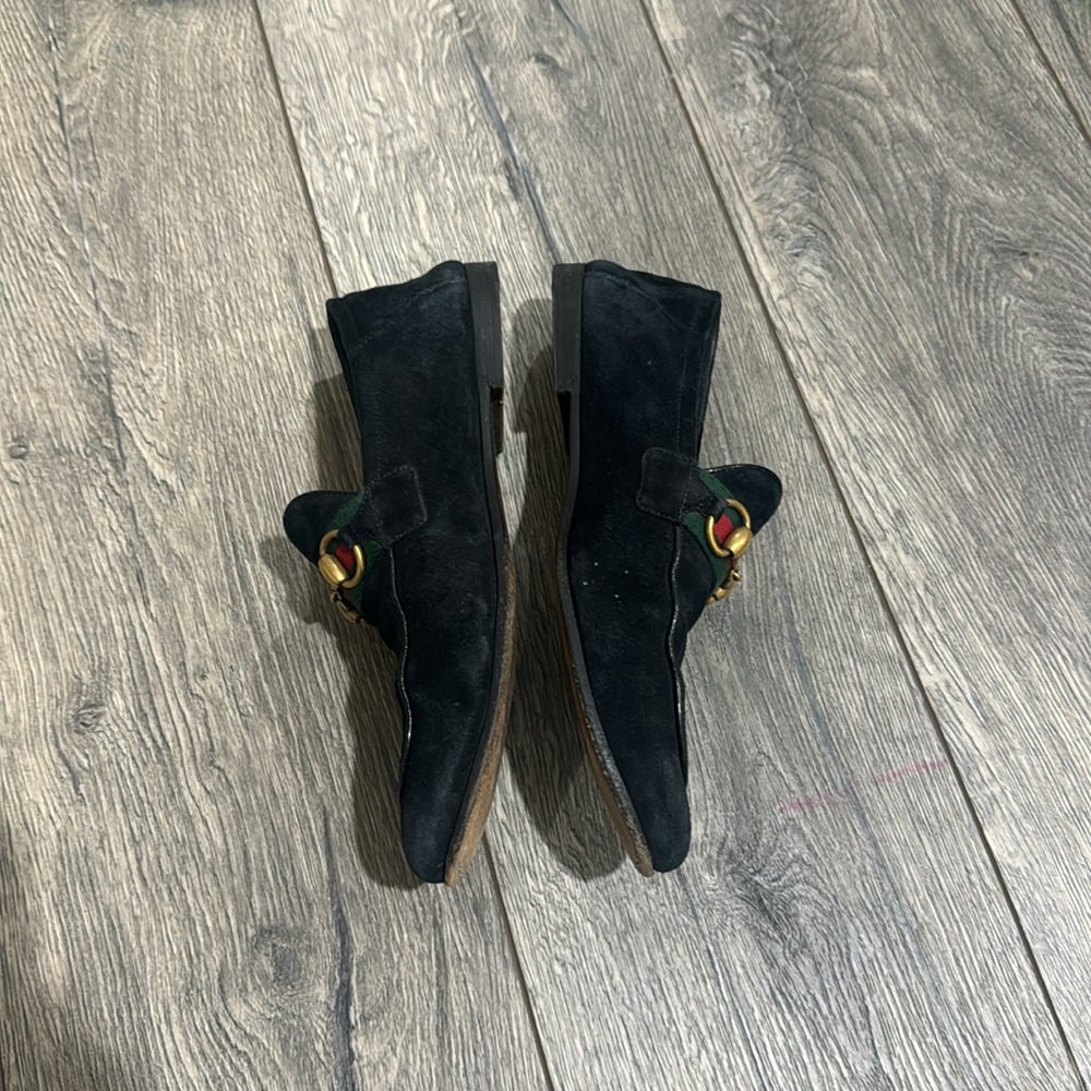 • GUCCI • Men’s Horsebit Web Suede Loafers Navy Blue / Gold Hardware 6.5 - Picture 3 of 6